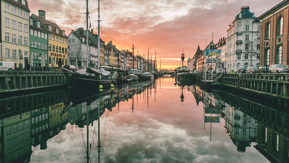 Nyhavn harbour, Copenhagen, at sunset