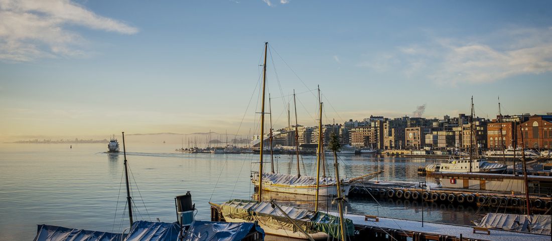 Stockholm harbour with moored boats in golden light